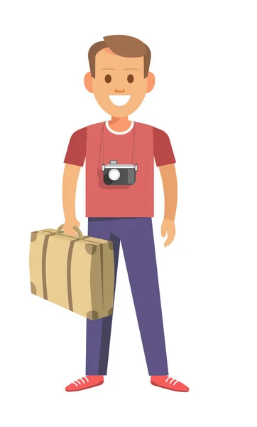 Homme avec caméra et valise vintage — Image vectorielle
