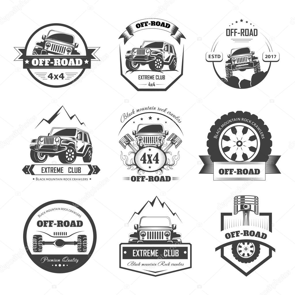 Off-road 4x4 extreme car club logo templates. Vector symbols and icons of off road car or truck with wheel tires and motor engine piston for mountain or rock crawlers club