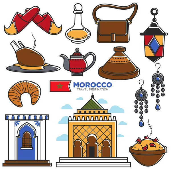 Marrocos símbolos de viagem de turismo — Vetor de Stock