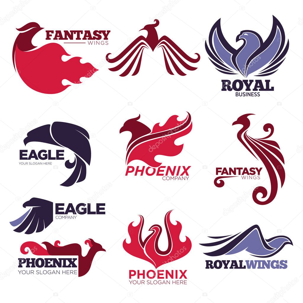 Phoenix bird or fantasy eagle logo templates set for security or innovation company. Vector isolated icons of mythic firebird spread wings symbol, flame fire phoenix for airline or tattoo design