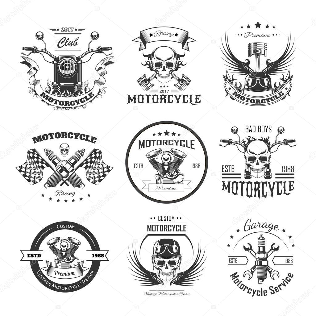 Motorcycle or bikers club logo templates for bike motor racing of skull and checkered finish flag, motorcycle piston and helmet wings for speed races. Vector retro design sketch icons set