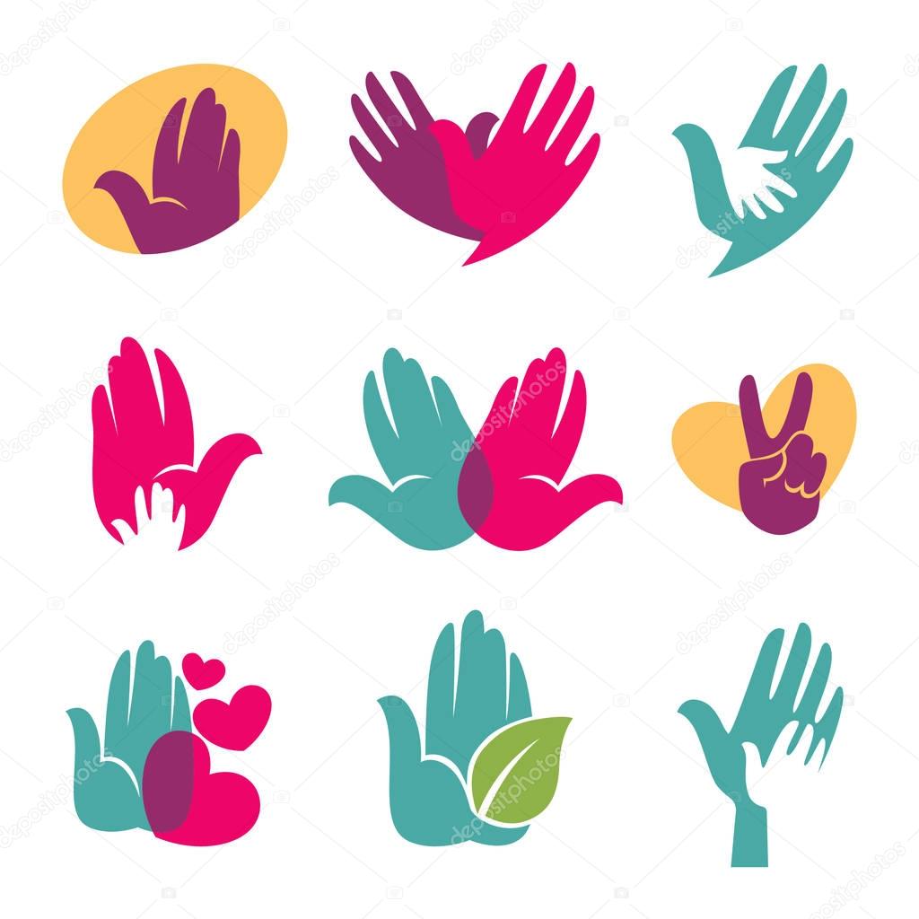Charity company emblems set with colorful human hands and hearts isolated cartoon flat vector illustrations on white background.