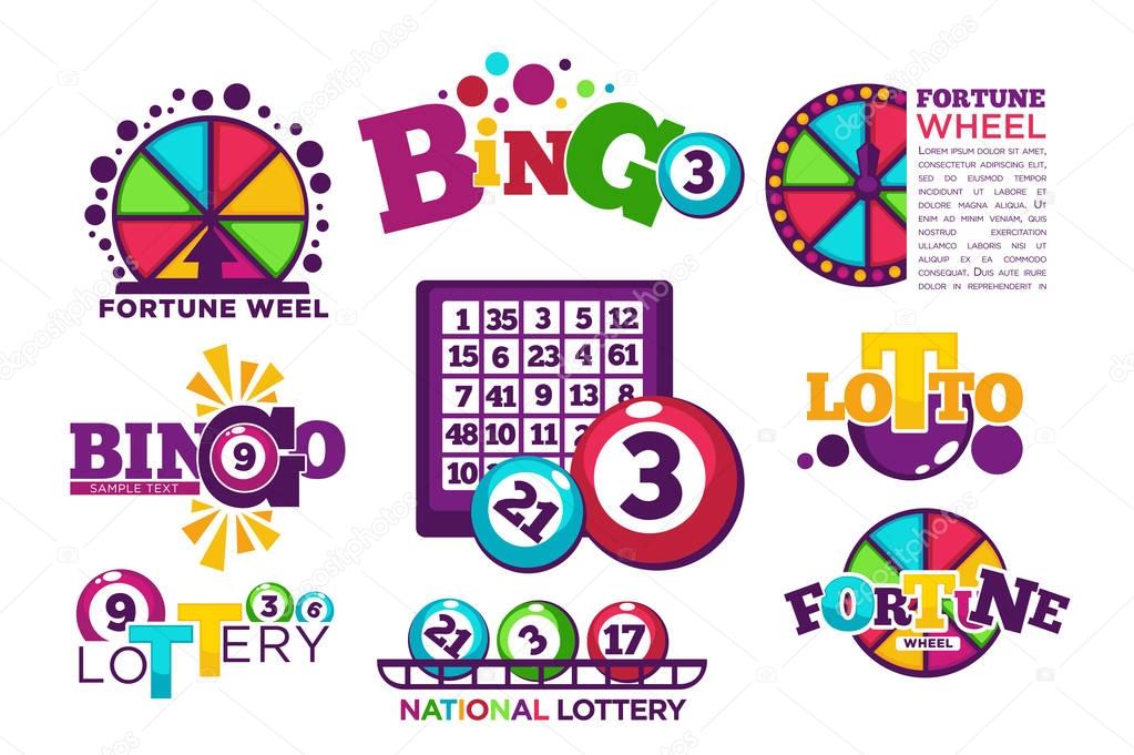 Bingo lotto or national lottery logo templates set. Vector icons of lucky jackpot win balls numbers, prize on fortune wheel roulette and lucky lottery card