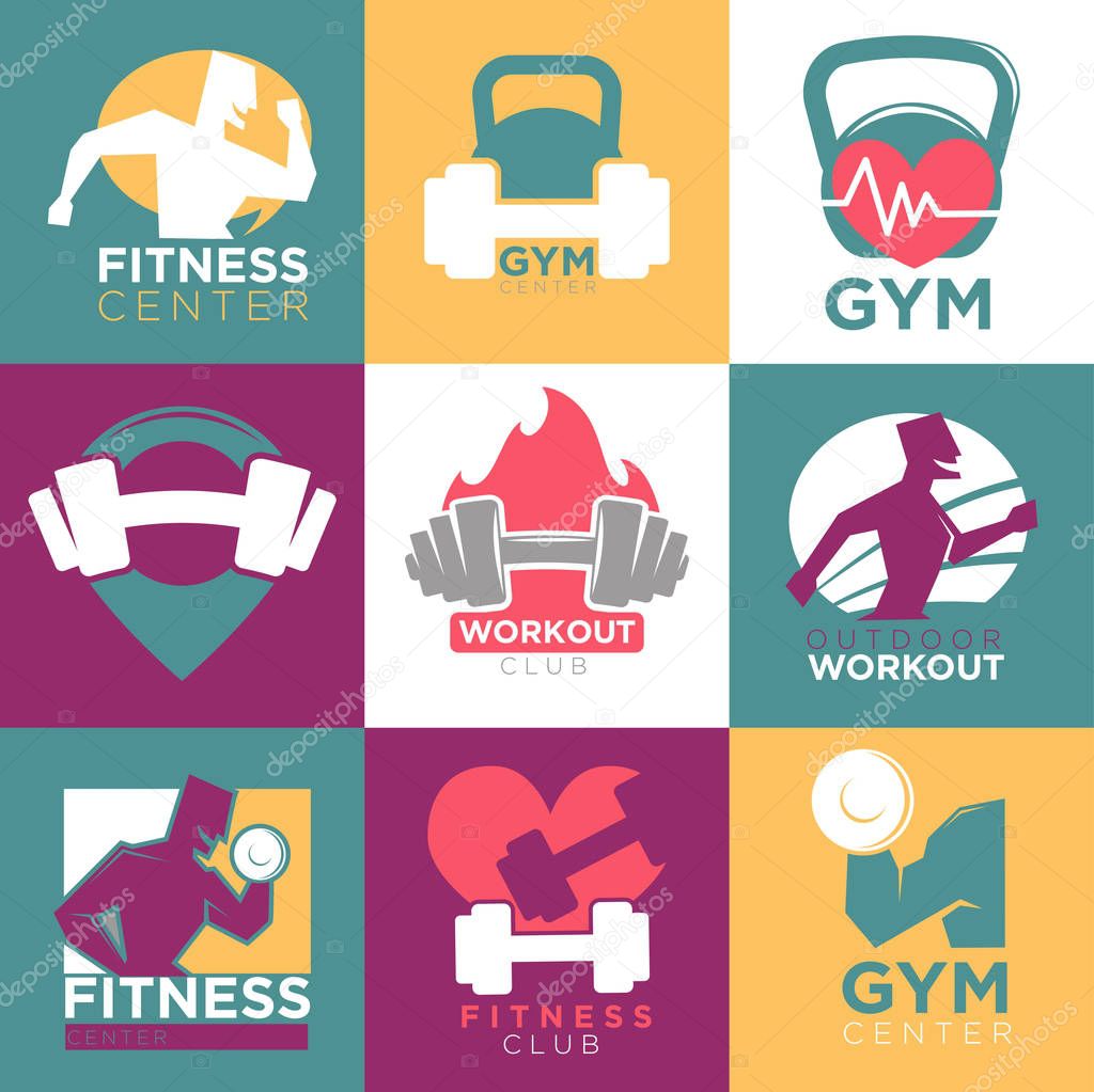 Gym and fitness club or workout sport center logo templates set. Vector symbols of muscle man with barbell and dumbbell running on treadmill or outdoors with heart pulse