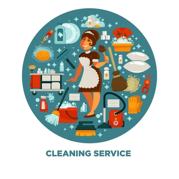 Maid in uniform surrounded with equipment for cleaning — Stock Vector