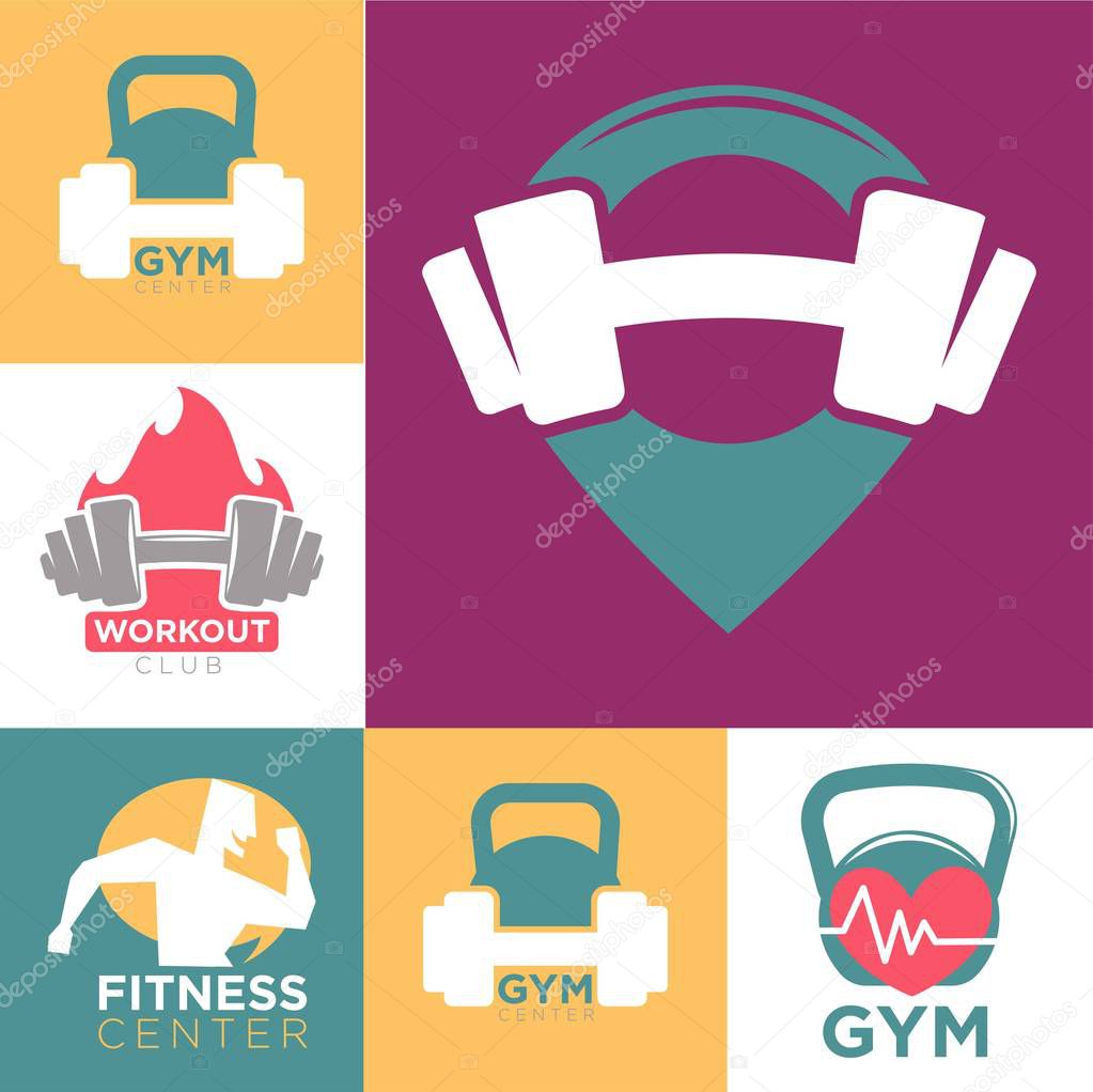 Gym and fitness club or workout sport center logo templates set. Vector symbols of muscle man with barbell and dumbbell running on treadmill or outdoors with heart pulse