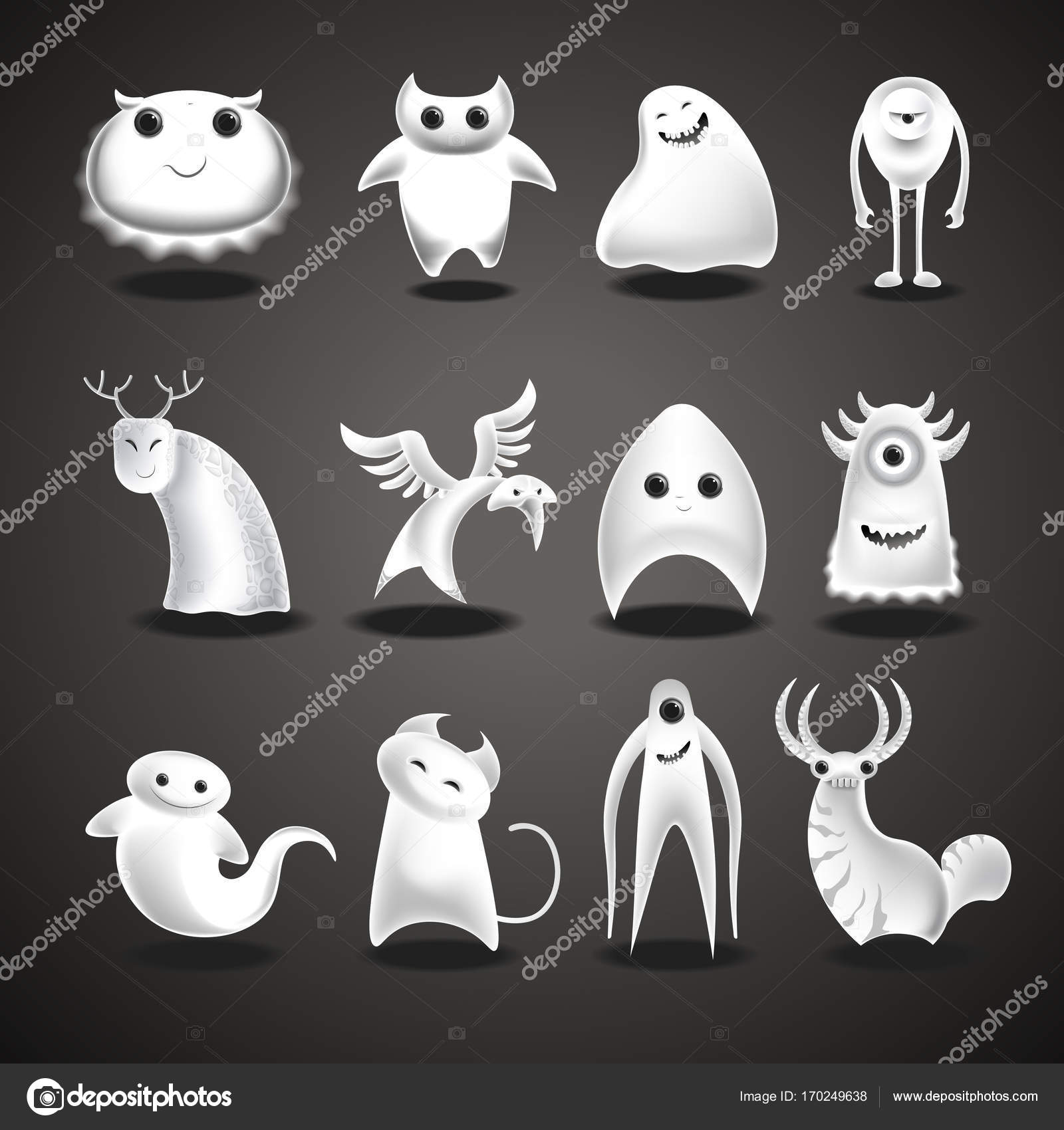Fant´mes et monstres ic´nes de personnages de dessin animé — Image Fant´mes et monstres dessin animé personnages dr´les de fant´mes maléfiques Créatures de monstre bizarre blancs de différentes formes de zombie diable ou