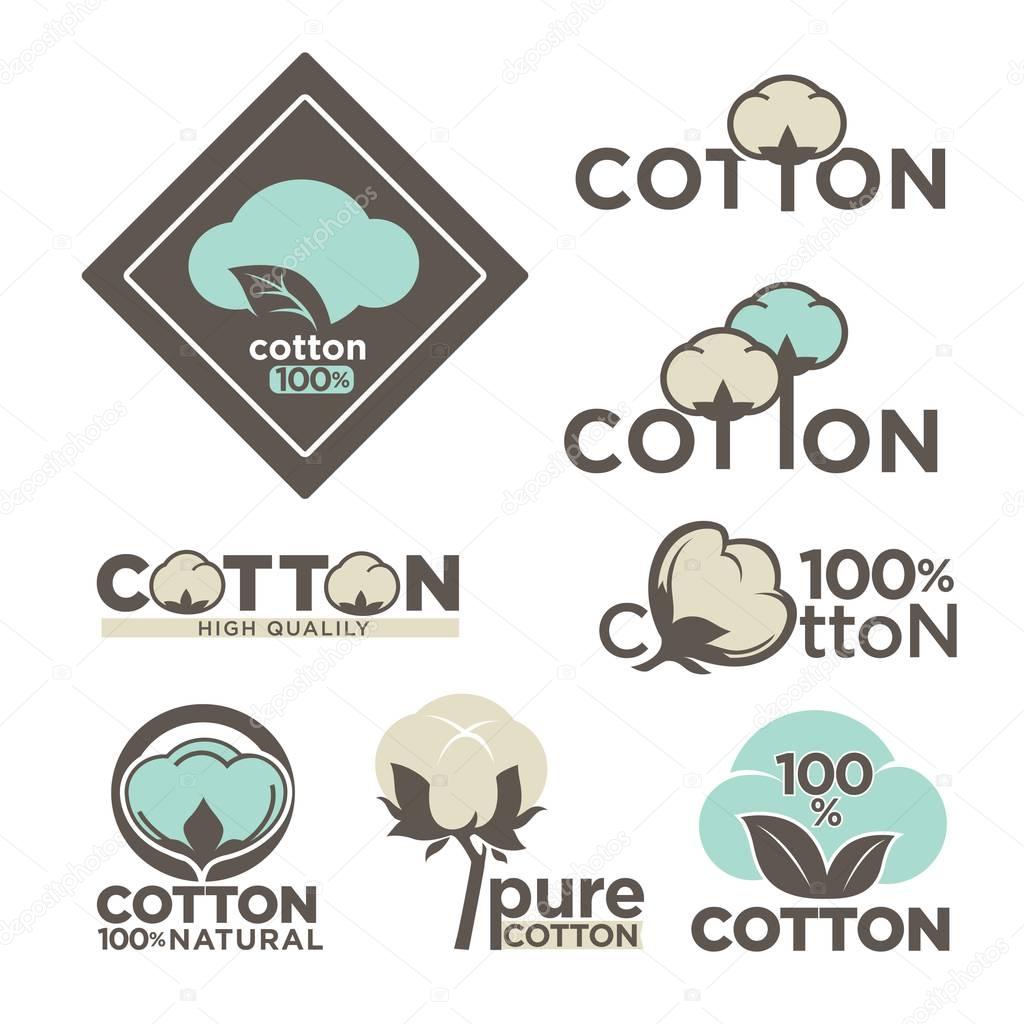 Cotton labels or logo for pure 100 percent natural cotton textile tags. Vector isolated icons set for clothing label or eco fabric design template of leaf, flower and thread in needle