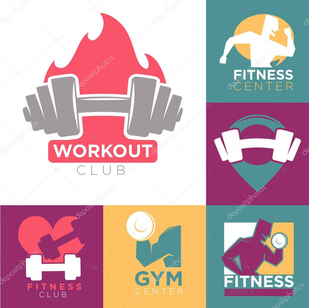 Gym and fitness club or workout sport center logo templates set. Vector symbols of muscle man with barbell and dumbbell running on treadmill or outdoors with heart pulse