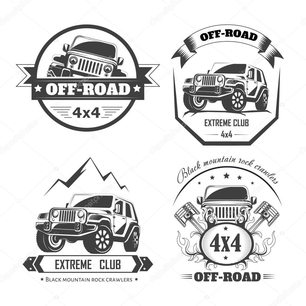 Off-road 4x4 extreme car club logo templates. Vector symbols and icons of off road car or truck with wheel tires and motor engine piston for mountain or rock crawlers club