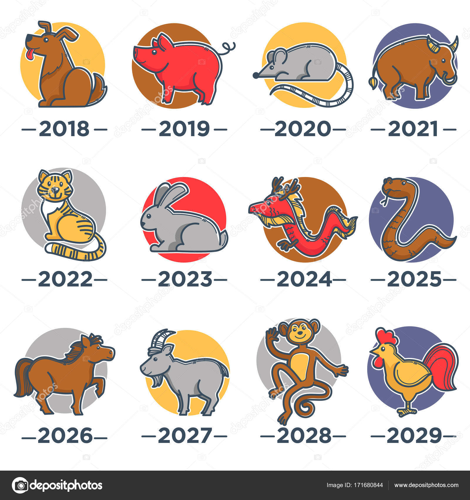 Animals that symbolize years from Chinese horoscope calendar Stock