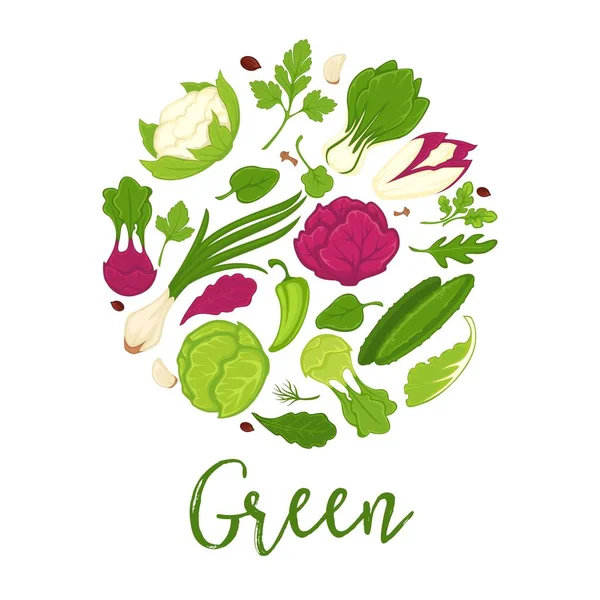 Ensaladas verdes y verduras frescas — Vector de stock