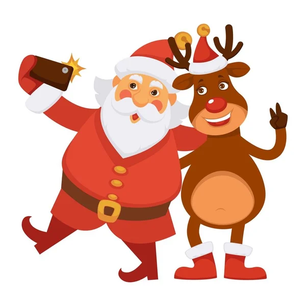 Санта Клаус и полярный олень в шляпе делают селфи — стоковый вектор