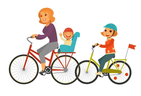 Madre junto con los niños andan en bicicleta — Vector de stock