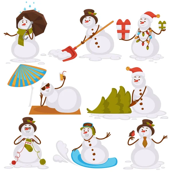Jul snögubbe Santa tecknad karaktär ikoner — Stock vektor