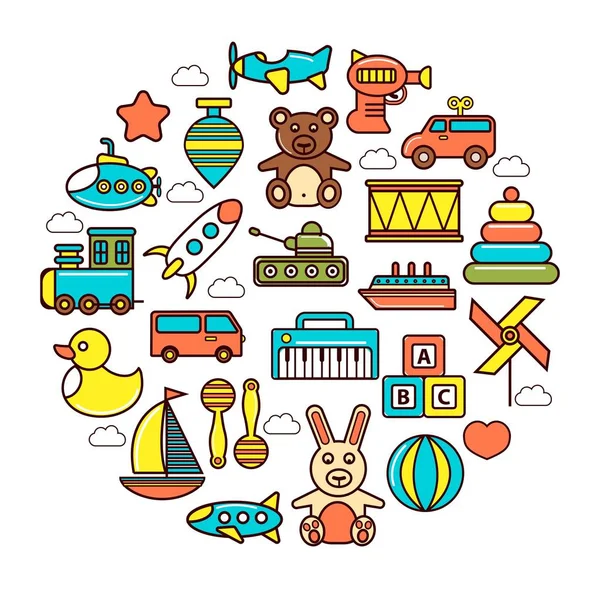 Дети красочные пластиковые и мягкие игрушки в кругу — стоковый вектор