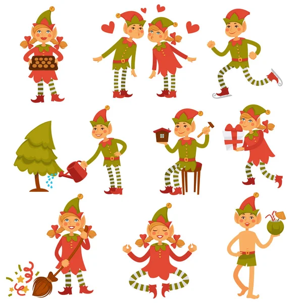 Elfos de Navidad masculinos y femeninos en ropa festiva — Vector de stock