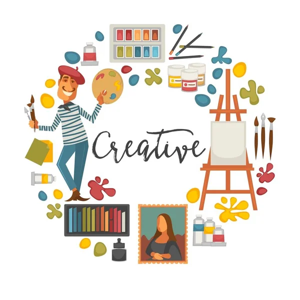 Cartel creativo con artista y herramientas para pintar — Vector de stock