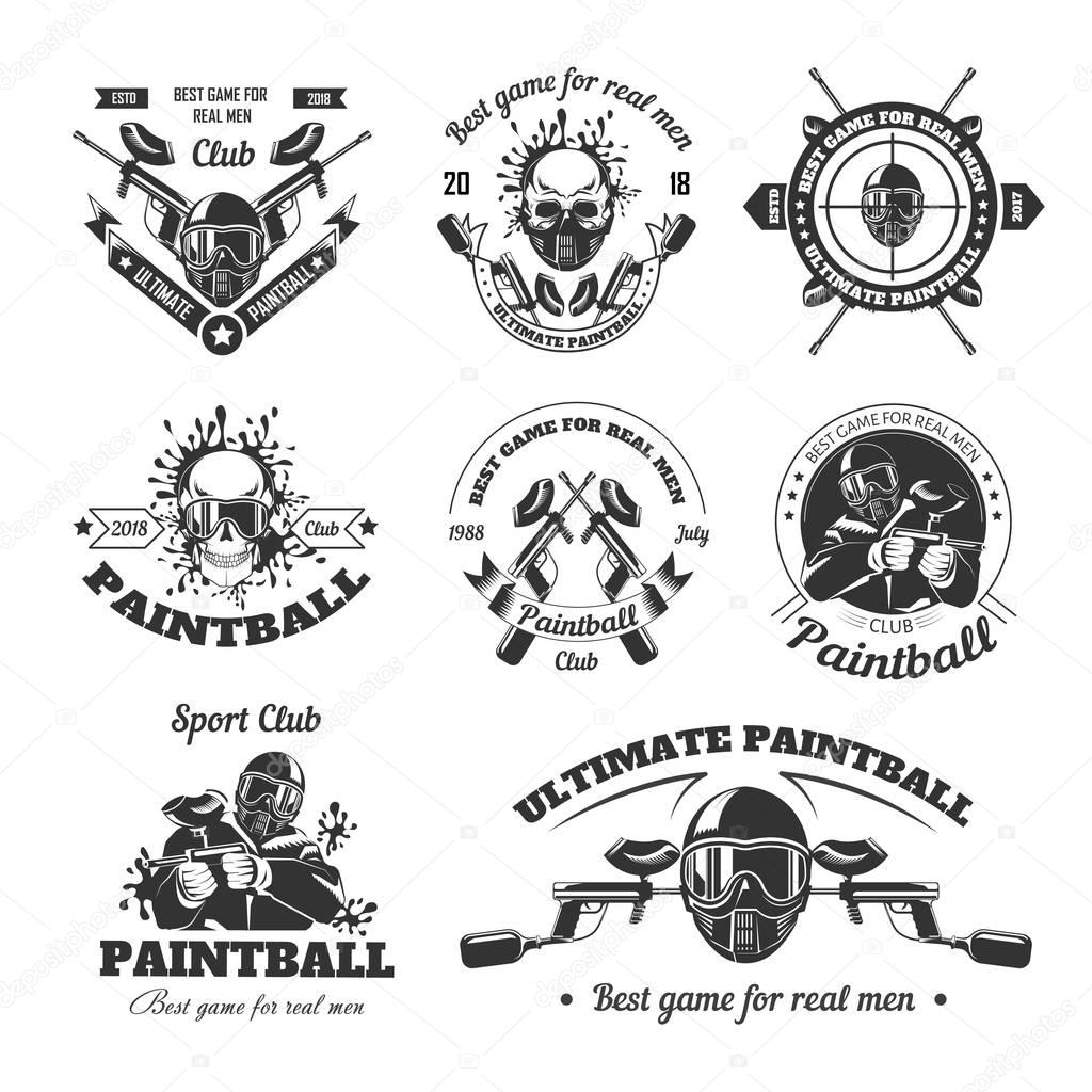 Ultimate paintball sport club for real men monochrome logotypes set isolated cartoon flat vector illustrations on white background. Solid masks and guns with paint on promotional emblems collection.