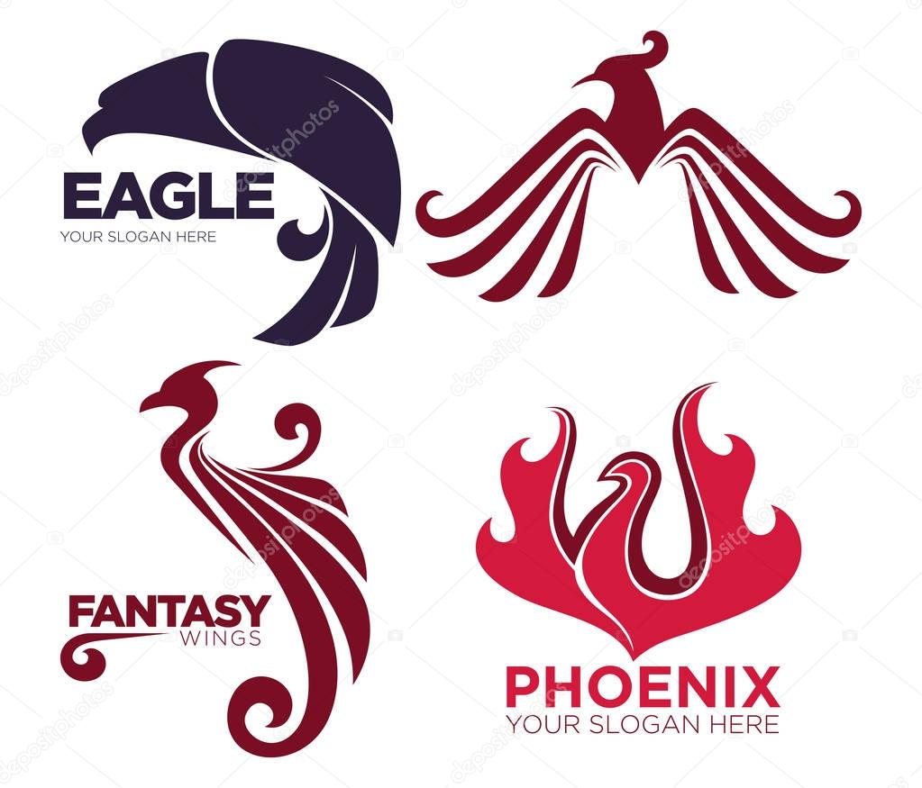 Phoenix bird or fantasy eagle logo templates set for security or innovation company. Vector isolated icons of mythic firebird spread wings symbol, flame fire phoenix for airline or tattoo design