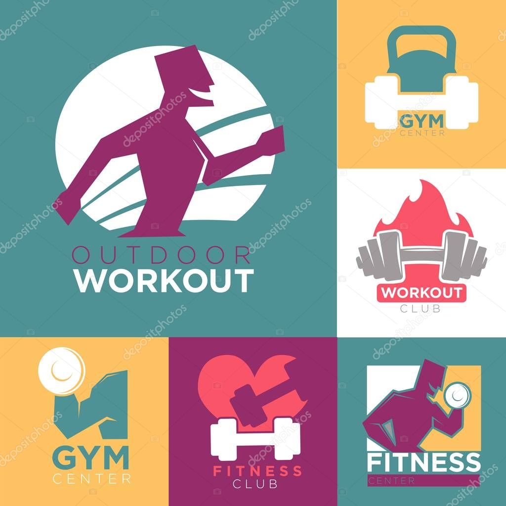 Gym and fitness club or workout sport center logo templates set. Vector symbols of muscle man with barbell and dumbbell running on treadmill or outdoors with heart pulse