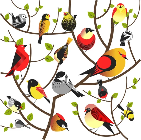 Pájaros sentados en ramas de árboles — Vector de stock