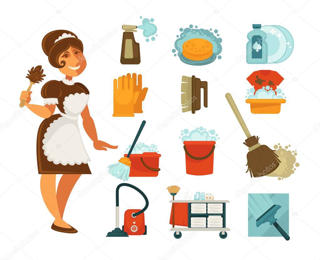 housewife and home clean tools icons