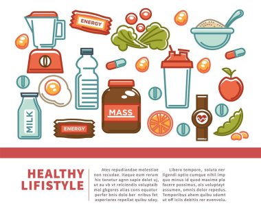 Fitness gıda Spor sağlıklı diyet gıda beslenme poster poster. Vektör düz tasarımı protein içki, doğal sebze veya meyve, spor salonu enerji bar ve kitle veya kilo kaybı hapları ve diyet takviyeleri