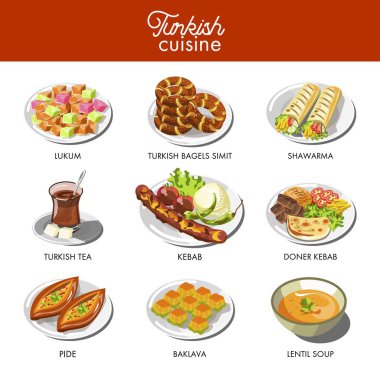 Türk mutfağı yemekleri ve geleneksel yemekleri Hünkar ve shawarma, pide ekmek veya smith simit aperatif, mercimek çorbası, lukum ve baklava hamur tatlılar. Türkiye'de Restoran Menü için vektör simgeler