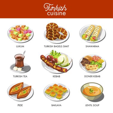 Turkish cuisine food and traditional dishes of doner kebab and shawarma, pide bread or smith bagel snack, lentil soup, lukum and baklava pastry desserts. Vector icons for Turkey restaurant menu clipart