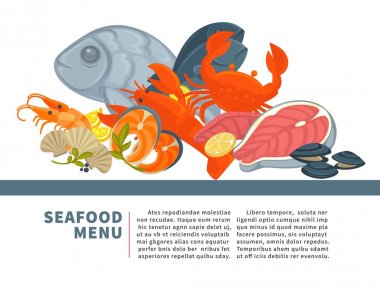 Deniz ürünleri menü poster düz tasarımı taze balık yakalamak ve deniz gıda gurme restoran menü veya fisher pazarı için. Vektör deniz ürünleri somon ve ton balığı veya dorada çipura balık, istiridye midye ya da karides ve ıstakoz