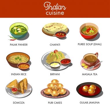 Hint mutfağı gıda geleneksel yemekleri. Tavuk Tandır samoza, köri pirinç ve sebze Çapati ekmek, masala püre çorba ve safran dzhalebi. Hindistan Restoran Menü düz simgeler vektör set