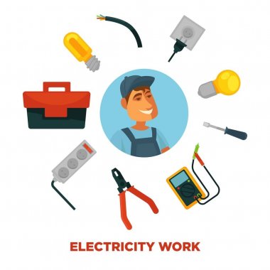 Elektrikçi meslek infographics poster şablonu. Elektrik mühendisi veya elektrik tamircisi işçi iş ile ampermeter, tornavida ve Voltmetre vektör düz çizim araçları