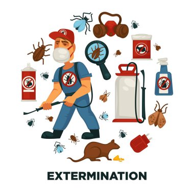İmha veya haşere denetim hizmeti şirket bilgi poster şablonu sıhhi yerli dezenfeksiyon için. Dezenfektan ekipman sprey kemirgen fare sıçanlar, hamamböcekleri ve mite böcekler için vektör düz tasarımı