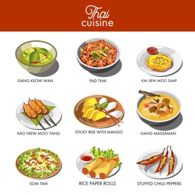 Tayland mutfağı yemekleri ve geleneksel yemekler çete keow wan, pad Tay erişte, çorba tom yum silah, pirinç kağıdı rulo veya som tam salata ve doldurulmuş biber. Tayland Restoran Menü için vektör simgeler