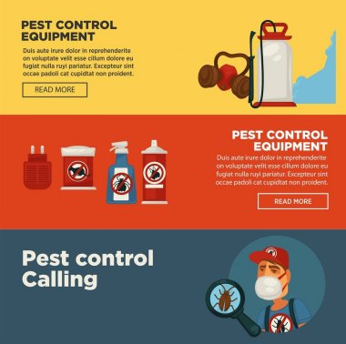Extermination pest control service banners template design of sanitary domestic exterminate disinfection equipment. Vector disinfectant toxic poison spray for rodent mouse rat and cockroach insects clipart