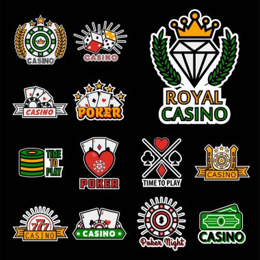 Casino poker logo şablonlar. Kumar zar, cips ve iskambil, royal crown Rulet veya tekerlek servet ve ikramiye şanslı sayı, at nalı simge vektör ayarla