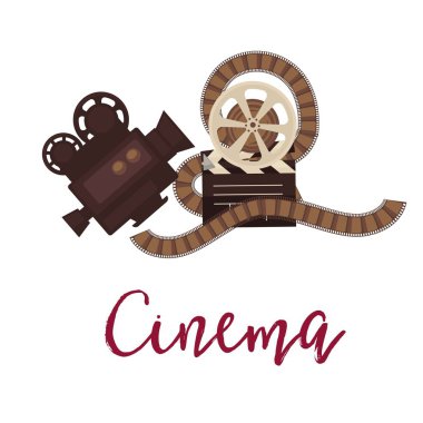 Sinema posteri çekim için vintage ekipmanlara sahip. Eski moda kamera, film ve ahşap Klaket ile büyük reel beyaz arka plan üzerinde çizgi film düz vektör illüstrasyon izole..
