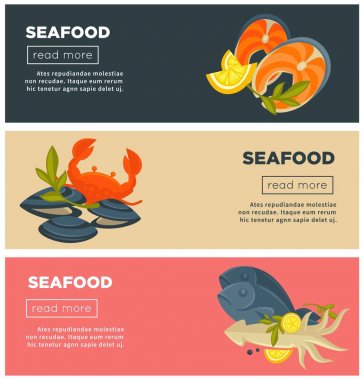 Deniz ürünleri taze balık web afiş tasarım şablonu Restoran Menü için düz veya Pazar depolamak. Vektör deniz ürünleri istiridye midye ya da karides karides, kalamar ve ıstakoz yengeç ya da somon, ton balığı ve çipura yakalamak