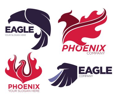 Phoenix kuş ya da fantezi kartal logo Şablonlar güvenlik veya yenilik şirket için ayarlayın. Efsanevi firebird simgelerin vektör izole kanat sembolü yayılmış, yangın phoenix havayolu veya dövme tasarımı için alev