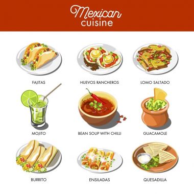 Yemek yemekler fajitas, fasulye biber çorbası, lomo saltado aperatif ya da börek ve quesadilla Meksika yemeği mutfağı geleneksel yemekleri. tekila ve mojito içer. Meksika Restoran Menü için vektör simgeler