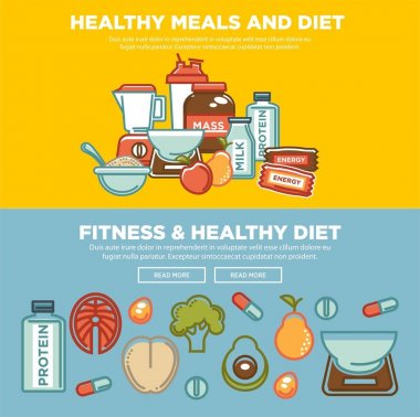 Fitness gıda ve spor sağlıklı diyet gıda beslenme düz afiş tasarım. Vektör protein içki, doğal sebze ve meyve salatası, enerji çubukları ve kitle veya kilo kaybı hapları ve diyet takviyeleri