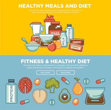 Fitness food and sports healthy diet food nutrition flat banners design. Vector protein drink, natural vegetables and fruit salad, energy bars and mass or weight loss pills and dietary supplements clipart