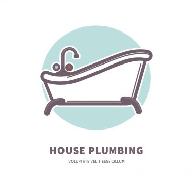 House Tesisat ticari logo ile düzensiz yönetim kurulu vardır ferah seramik banyo beyaz arka plan üzerinde çizgi film düz vektör illüstrasyon izole. Banyo mobilya yükleme hizmeti amblemi.