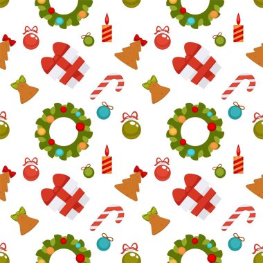 Kurdele ile bağlanmış hediye kutuları Noel seamless modeli oluşan, Dekorotif oyuncakları şenlikli ağaç, lezzetli davranır ve çizgi film vektör çizimler beyaz arka plan üzerinde yanan mumlar izole.