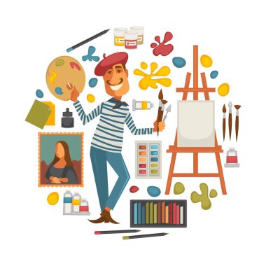 Yaratıcı poster sanatçı ve araçları daire içinde boyanacak. Boya, renkli paletle engelliyor, boş tuval, kabarık fırçalar ve kırmızı bere vektör çizimler bıyıklı adam ahşap şövale.