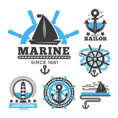 Deniz ve deniz logo şablonlar veya hanedan simgeler. İzole vektör simgeler gemi çapa, dümen ve Kaptan spyglass, yelkenli feneri veya hayat şamandıra ve yelkenli trident veya gemici pusulası
