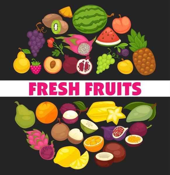 Frutas Bagas Orgânicas Colhem Cartaz Maçã Fresca Manga Abacaxi Pêra — Vetor de Stock