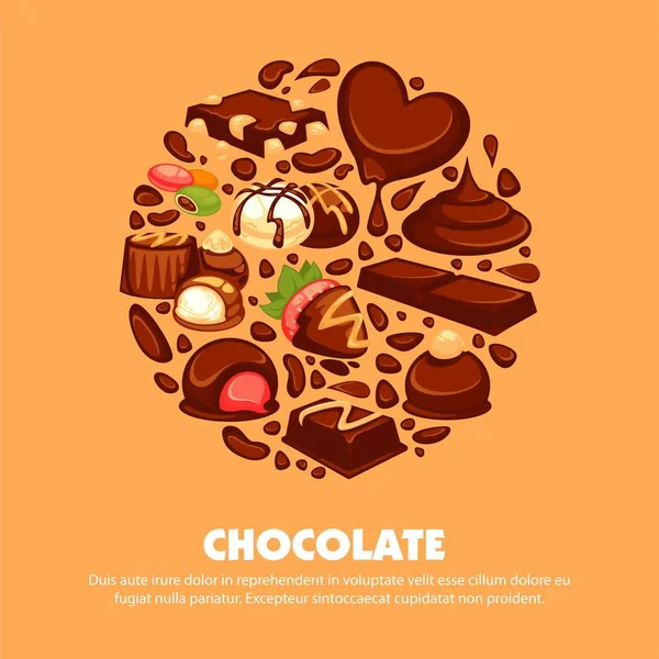 美味的巧克力产品的高品质宣传海报 有香味的奶油和坚果的酒吧和糖果在大圆圈内有符号在白色背景下的孤立矢量插图 — 图库矢量图片