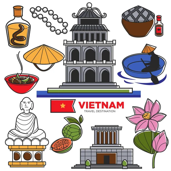 Vietnam travel landmark symbols or tourist culture attractions or sightseeings. Vietnamese flag and Hanoi Asian architecture building, national food and drink. Vector isolated icons